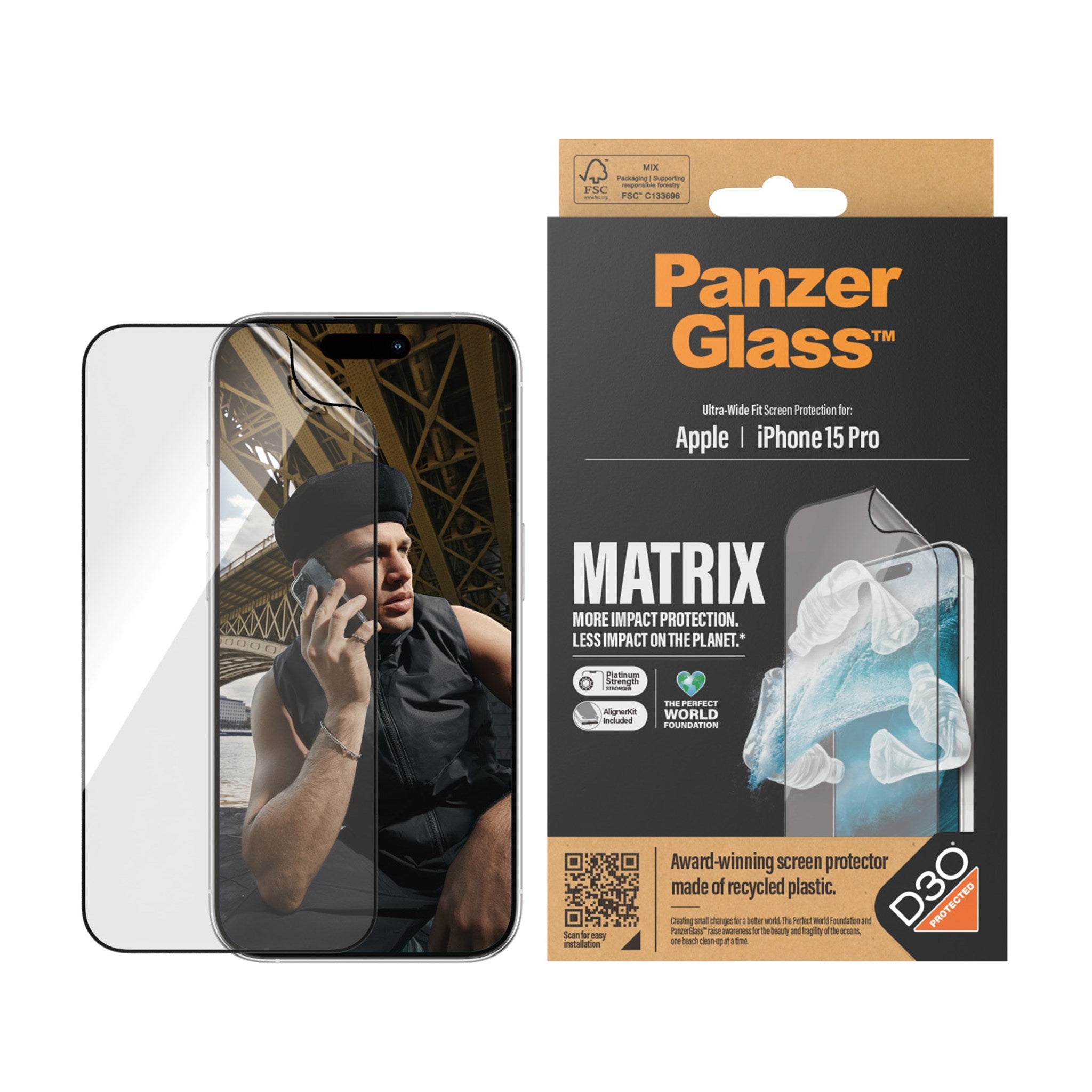 PanzerGlass® ECO MATRIX Screen Protector with D3O® iPhone 15 Pro | Ultra-Wide Fit w. AlignerKit